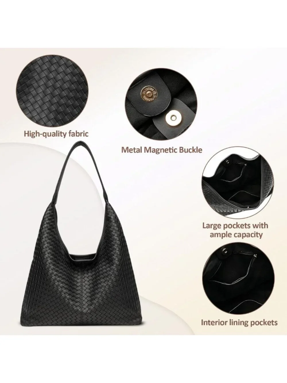 Chic Woven Vegan Leather Hobo Tote Bag | Large Slouchy Purse with Magnetic
